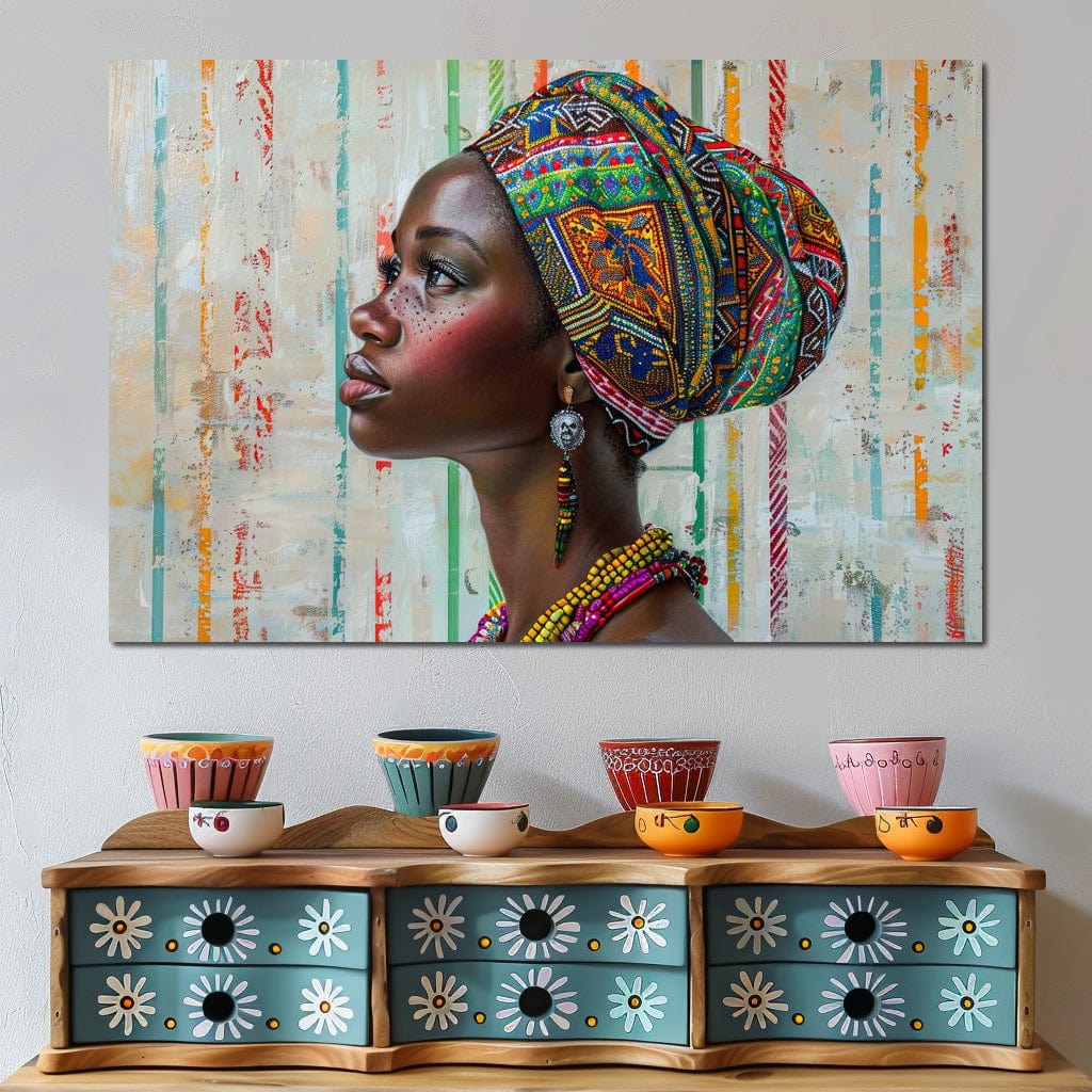 Imagine cu tablou canvas cu femeie africana si turban colorat, tiparita pe panza canvas